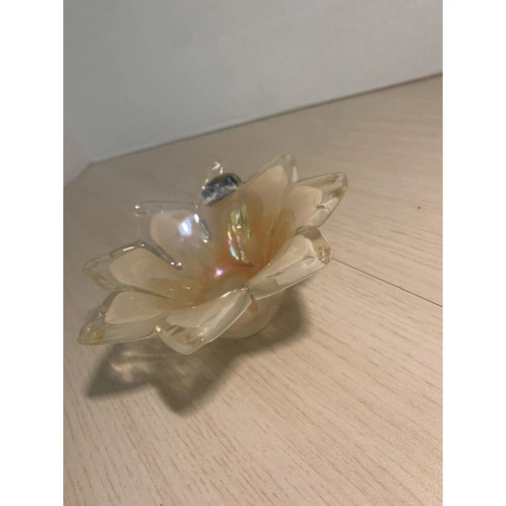 Murano Art Glass Star Flower Votive Dish white and Iridescent Orange has Sticker